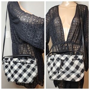 Talbots Crossbody Bucket bag leathe4 wool-blend black white checkered